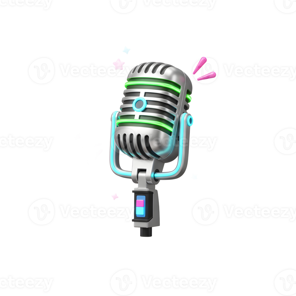 This image features a classic microphone design with neon accents and colorful stars floating around, suitable for broadcasts or entertainment. png