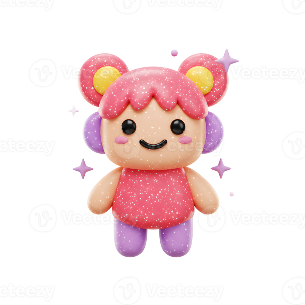 A cute 3D doll character with pink hair, sparkling dress, and star accents stands against a white background for decorative designs. png
