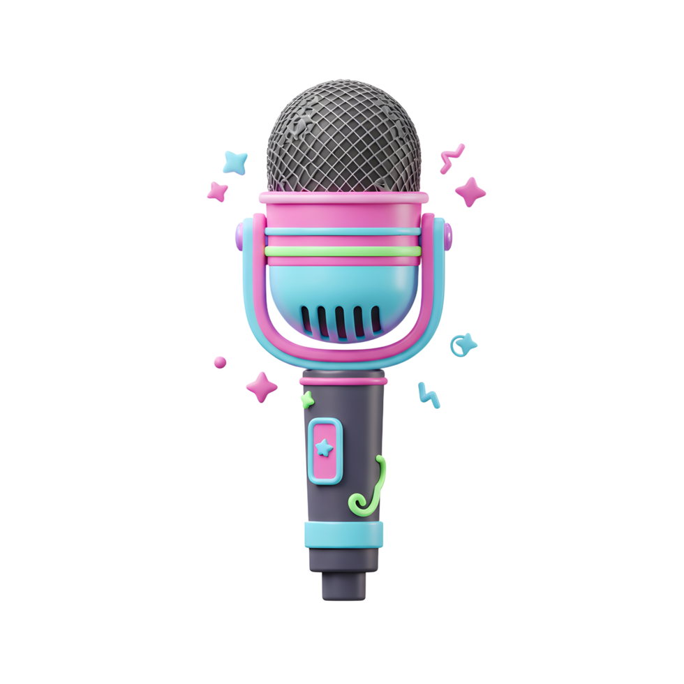 A vibrant, retro-styled microphone with pastel colors is rendered in 3D, suitable for karaoke, recording, or broadcast. png