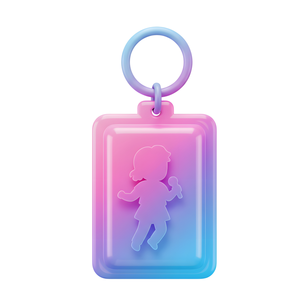 A keyring shows a singer holding a microphone against a pink and blue gradient background, ideal for personalizing belongings. png
