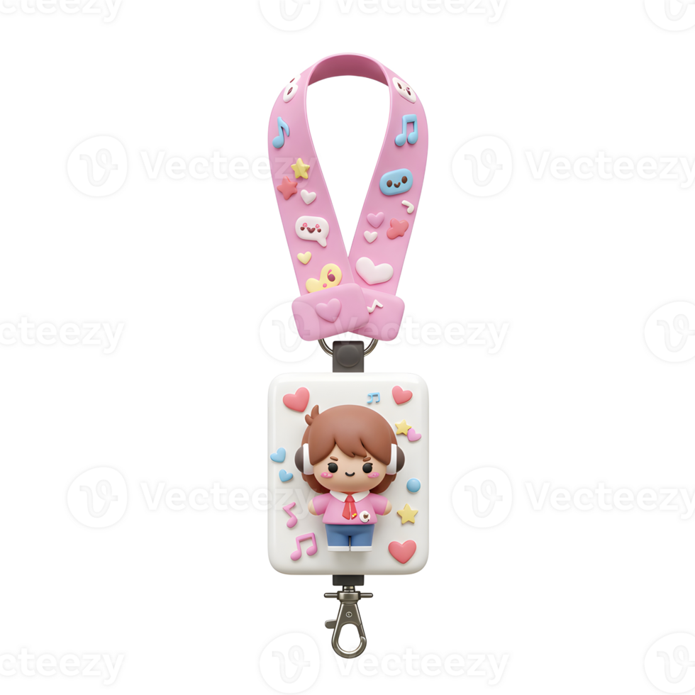 A cute cartoon girl lanyard features music notes and other cute shapes, suitable for holding keys or ID cards. png