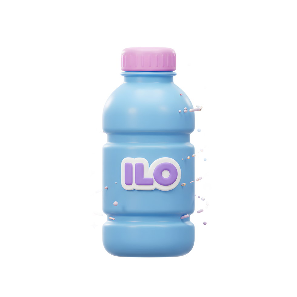 A light blue bottle with a purple cap and the text ILO in purple is surrounded by decorative elements and used to contain liquid. png