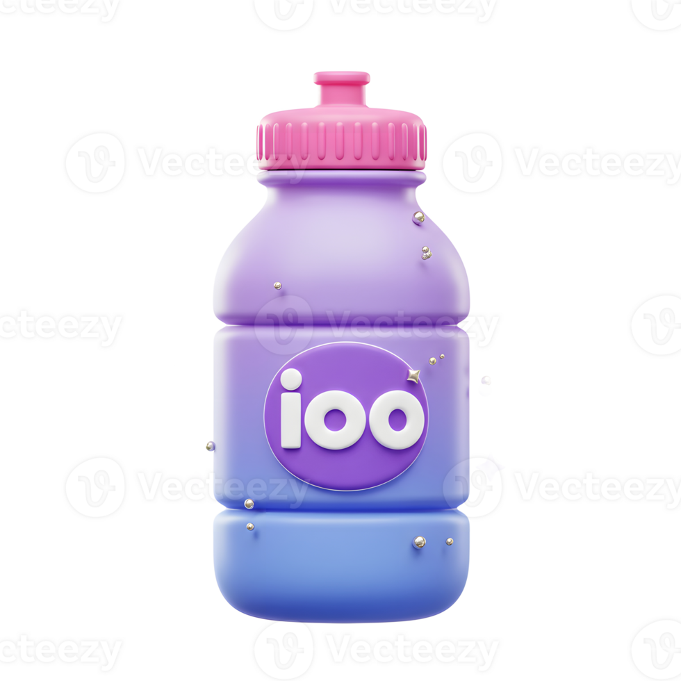 A colorful water bottle is depicted surrounded by playful stars and spheres, suggesting a fun and refreshing way to stay hydrated. png