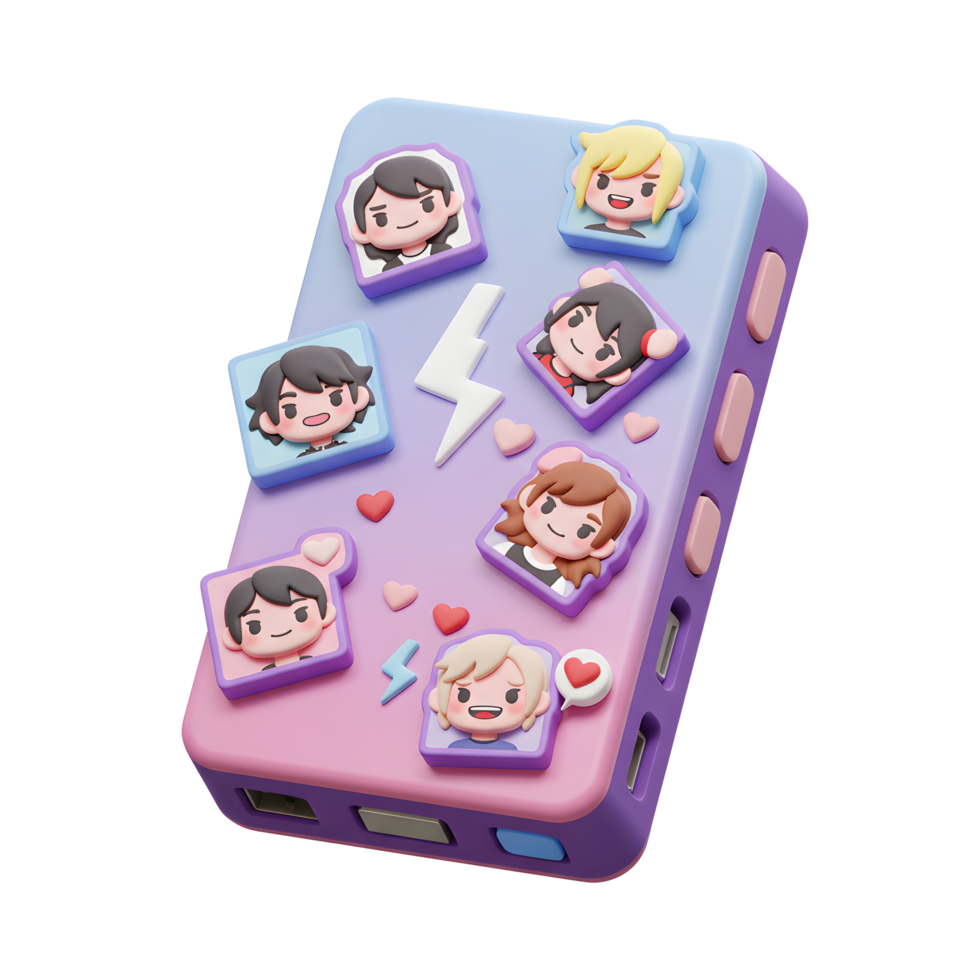 A purple power bank is decorated with cartoon faces, hearts, and a lightning bolt, giving it a playful aesthetic for charging devices. png