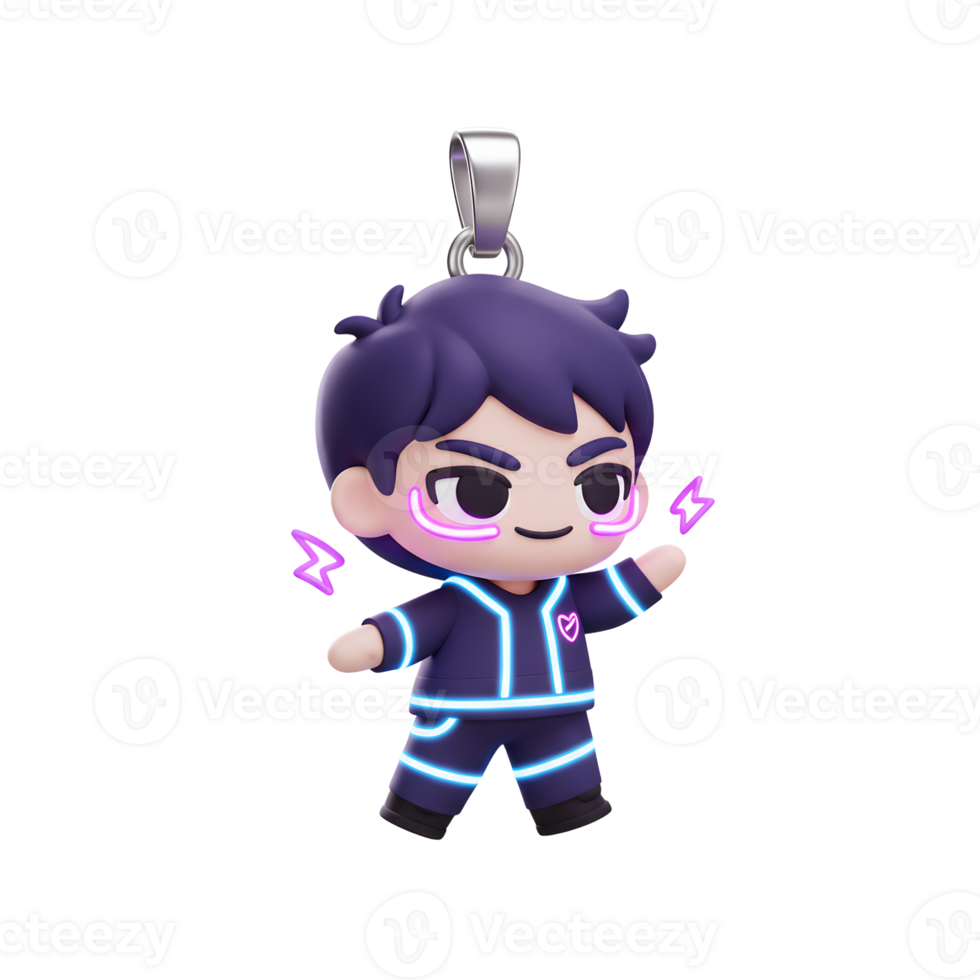 A charming boy pendant features a stylized character design with neon accents, ideal for adding a playful touch to accessories. png