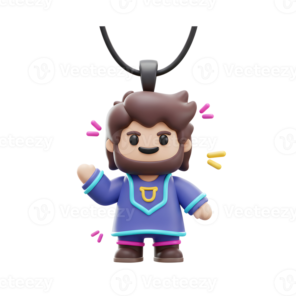 A cartoon character pendant with brown hair and beard waves happily, perfect for an accessory. png