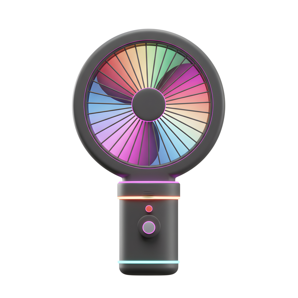 This is a handheld fan featuring rainbow-colored blades and a sleek, dark design for cooling during hot weather. png