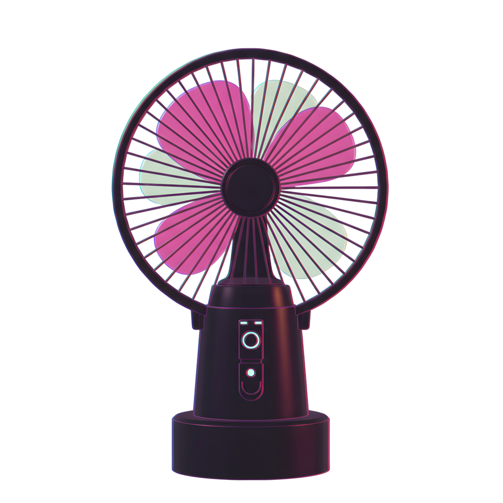 A portable black fan with pink and green blades features multiple speed settings and a sturdy base for personal cooling. png