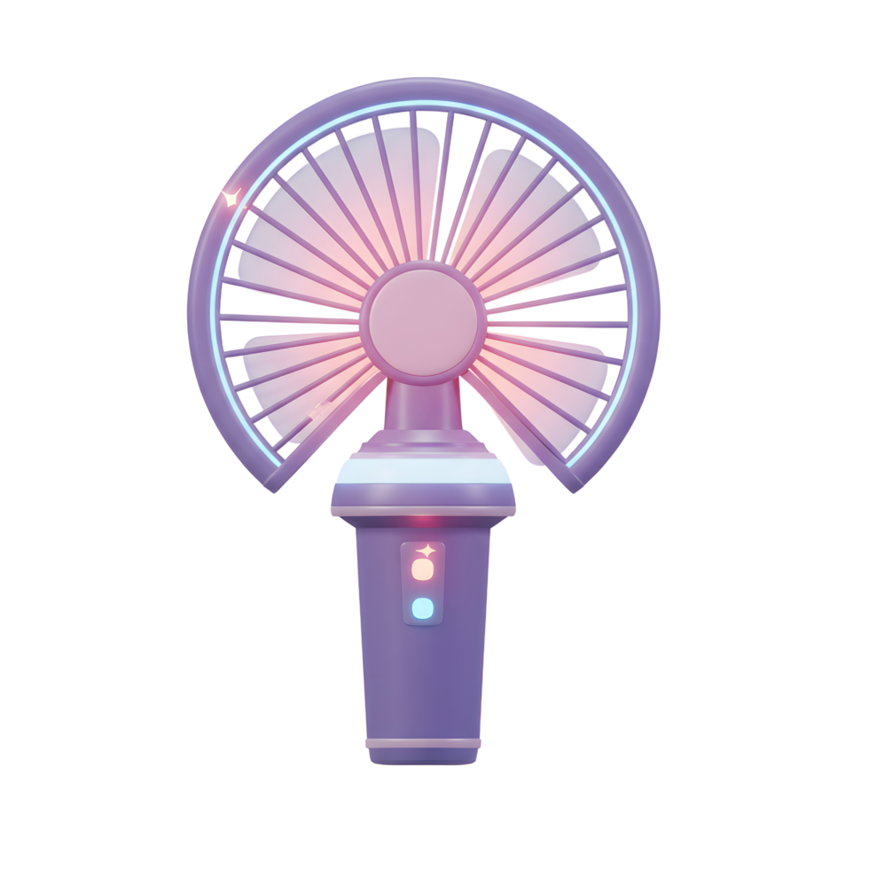 A purple handheld fan with rotating blades provides a cooling breeze in a variety of settings. png