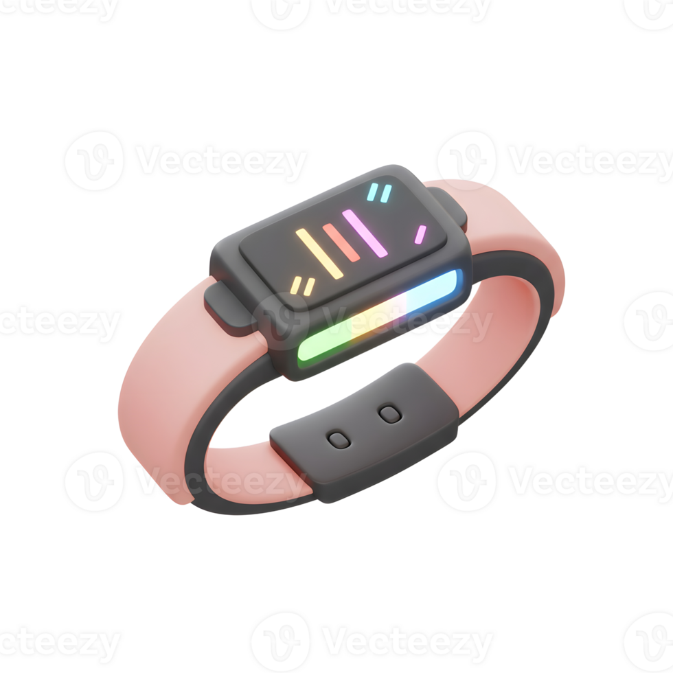 A pink smartwatch with a glowing screen displays colorful signals, perfect for monitoring fitness activity. png