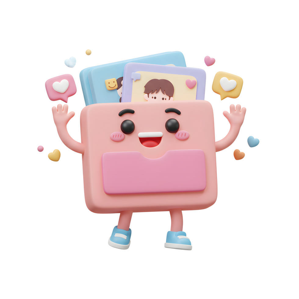 A happy cartoon organizer character stands with photos and chat bubbles floating around it, ideal for illustrating organization concepts. png