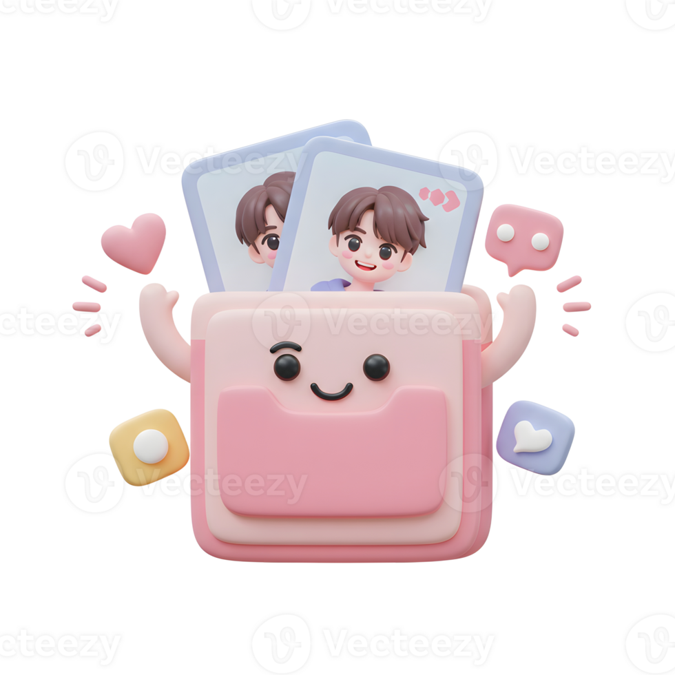 A cute pink wallet holds photos of a smiling boy, surrounded by hearts and message bubbles, ideal for representing personal keepsakes and digital communication. png