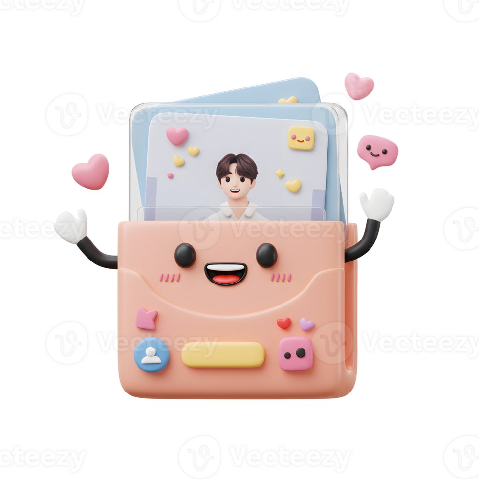 A cartoon character holds photos decorated with hearts and a portrait, showcasing a playful and affectionate vibe. png
