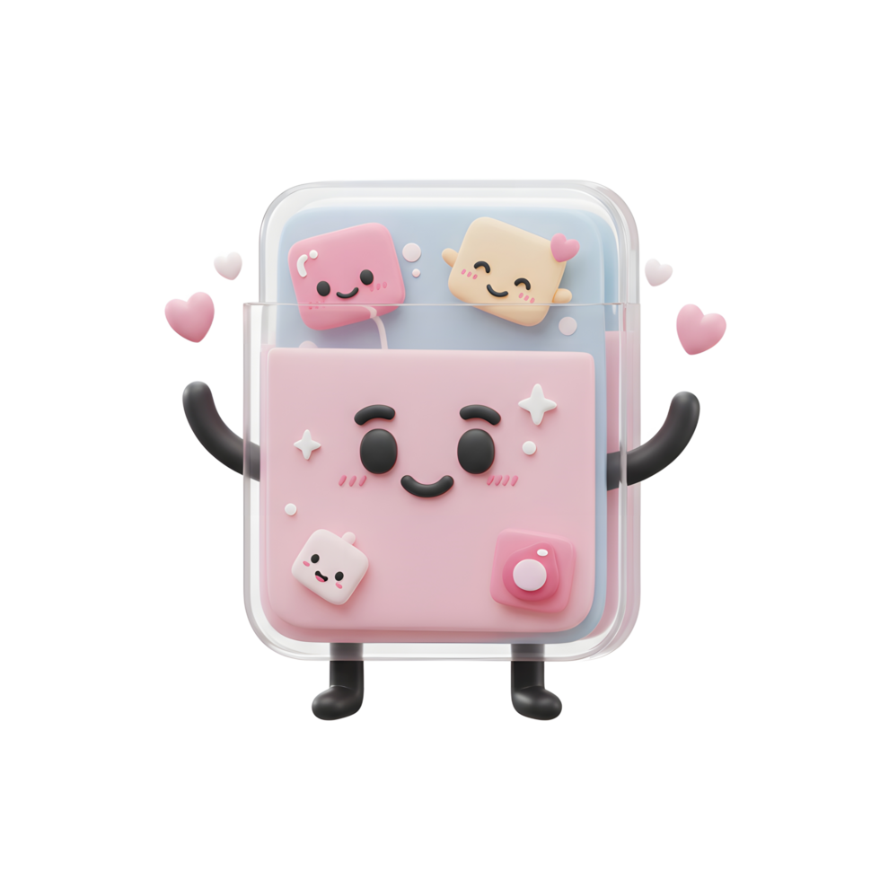A playful character with happy faces and surrounding hearts creates a joyful atmosphere, perfect for use in children's media or sweet-themed designs. png