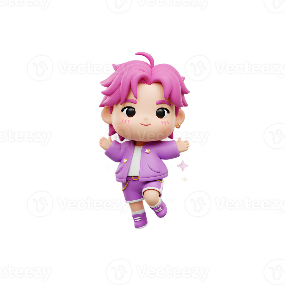 A cartoon character with pink hair and a purple suit is smiling and surrounded by stars, making a whimsical image perfect for children's media. png