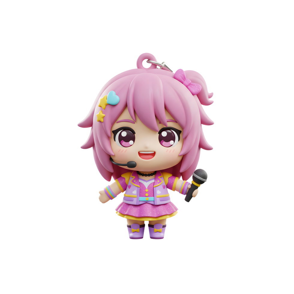A chibi-style anime girl figurine with pink hair and a microphone smiles brightly, possibly for display or collection. png