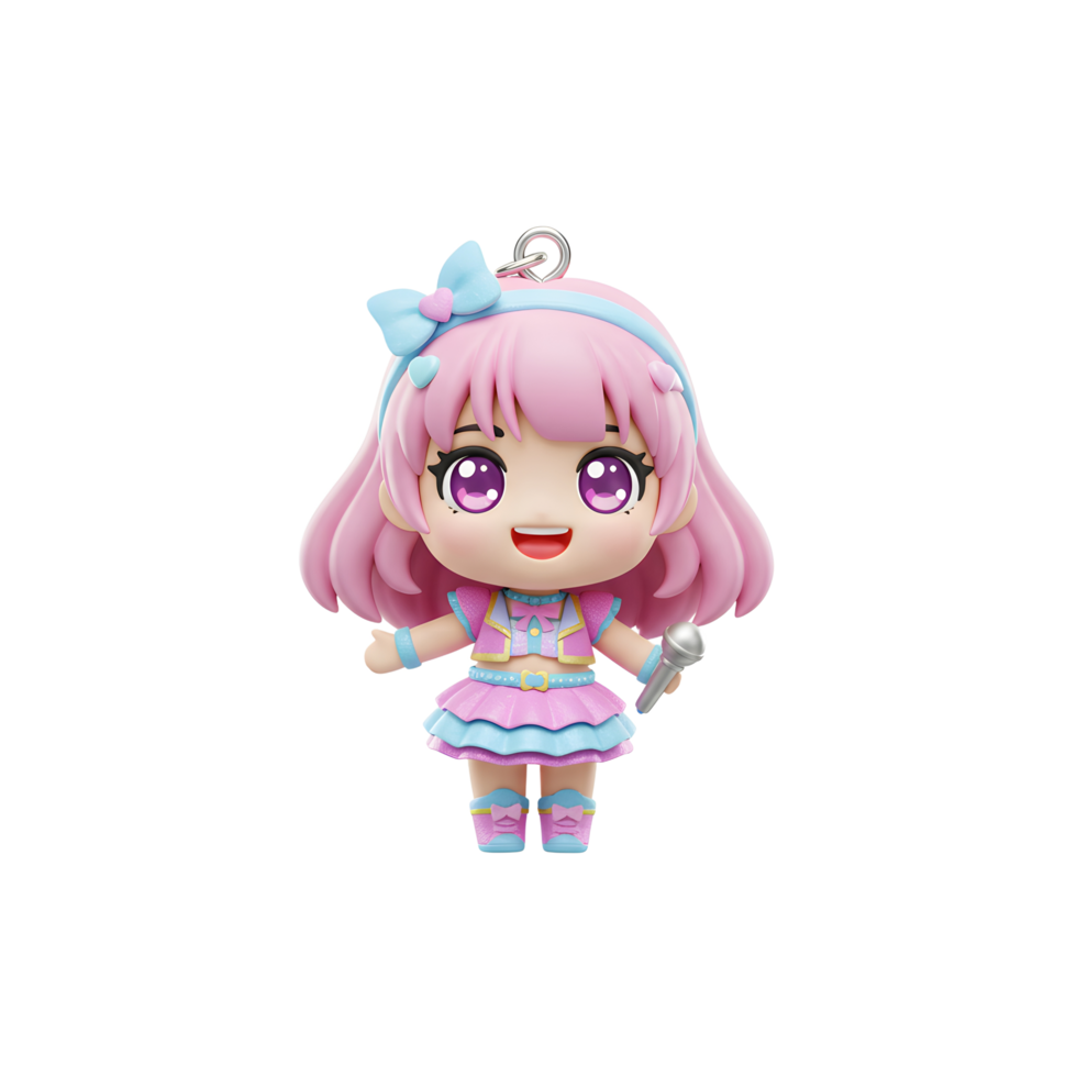 A charming anime girl figurine with pink hair and a microphone is presented, making it a delightful addition to any collection. png