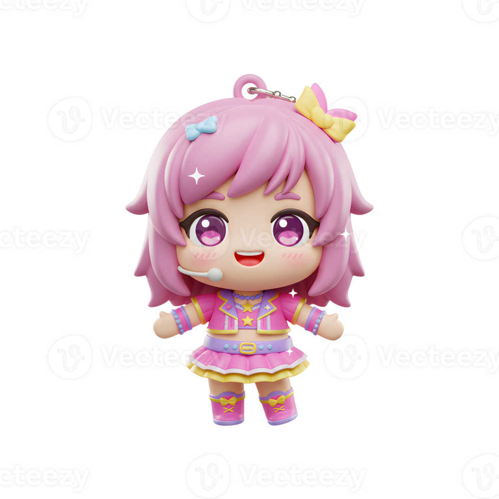 An anime style idol keychain with a pink outfit and hair is shown on a white background, useful as decoration. png