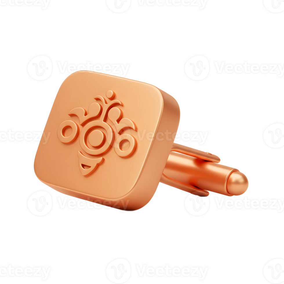 Close-up of a square, rose-gold cufflink featuring a decorative floral design that adds a touch of elegance to formal attire. png