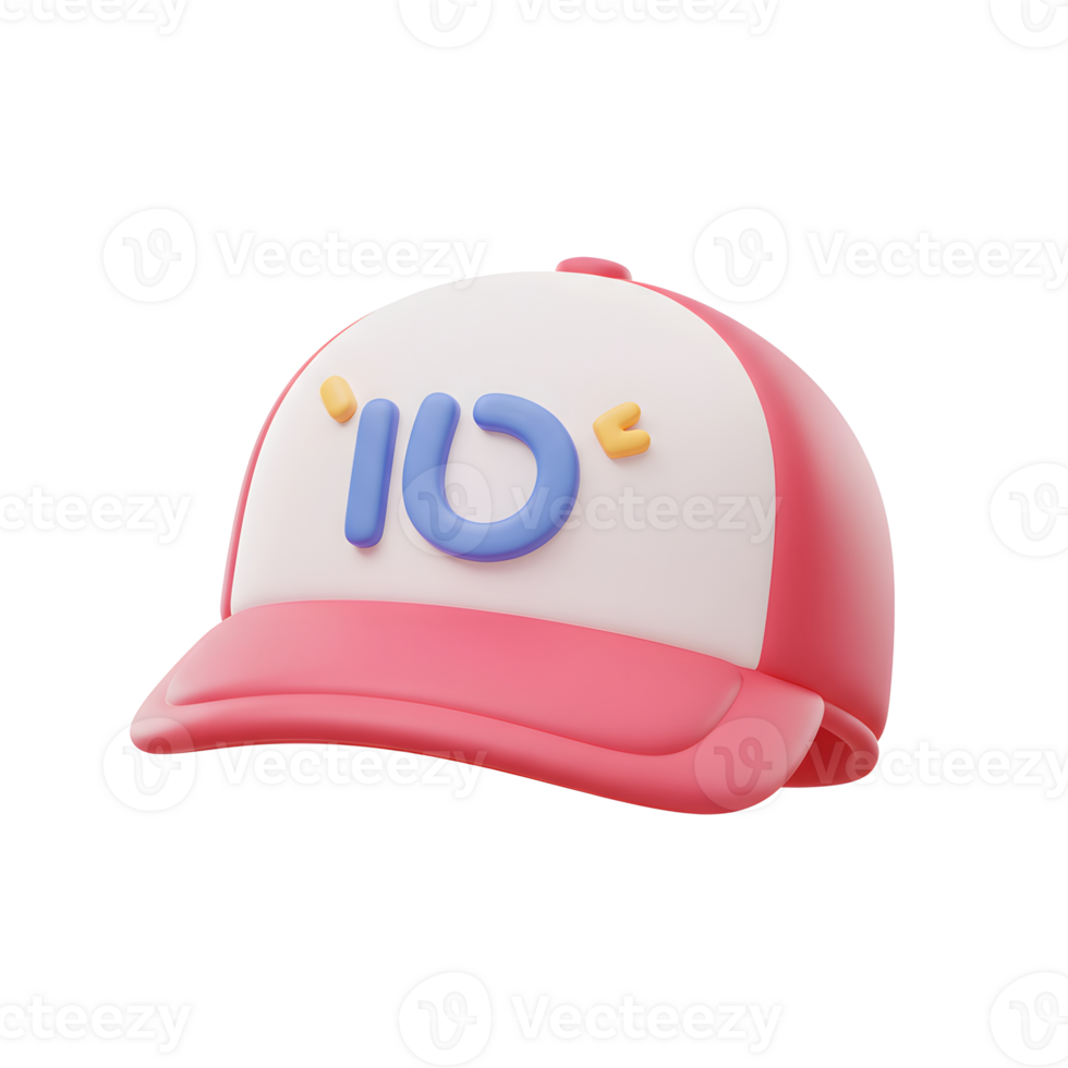 A pink and white baseball cap features a large blue number with yellow quotation marks on a white background, which can be worn for sun protection or as a fashion statement. png