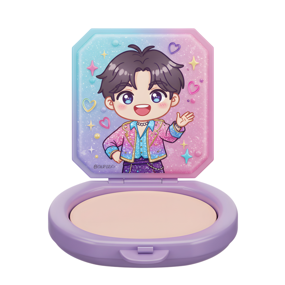 A powder compact features a cartoon character with hearts and stars, for cosmetic touch-ups on the go. png