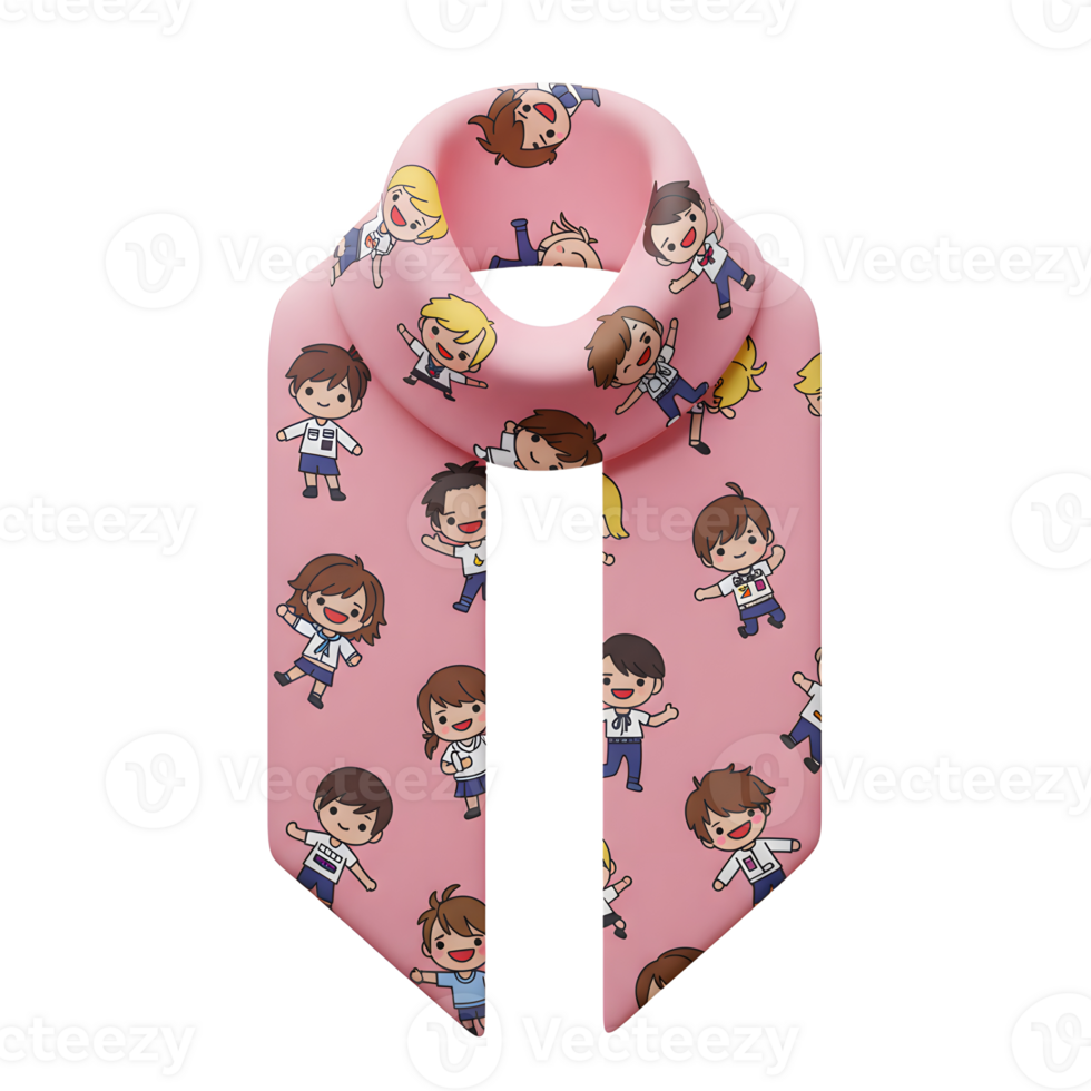 A pink scarf features a cartoon student pattern, which adds a playful touch to any outfit. png