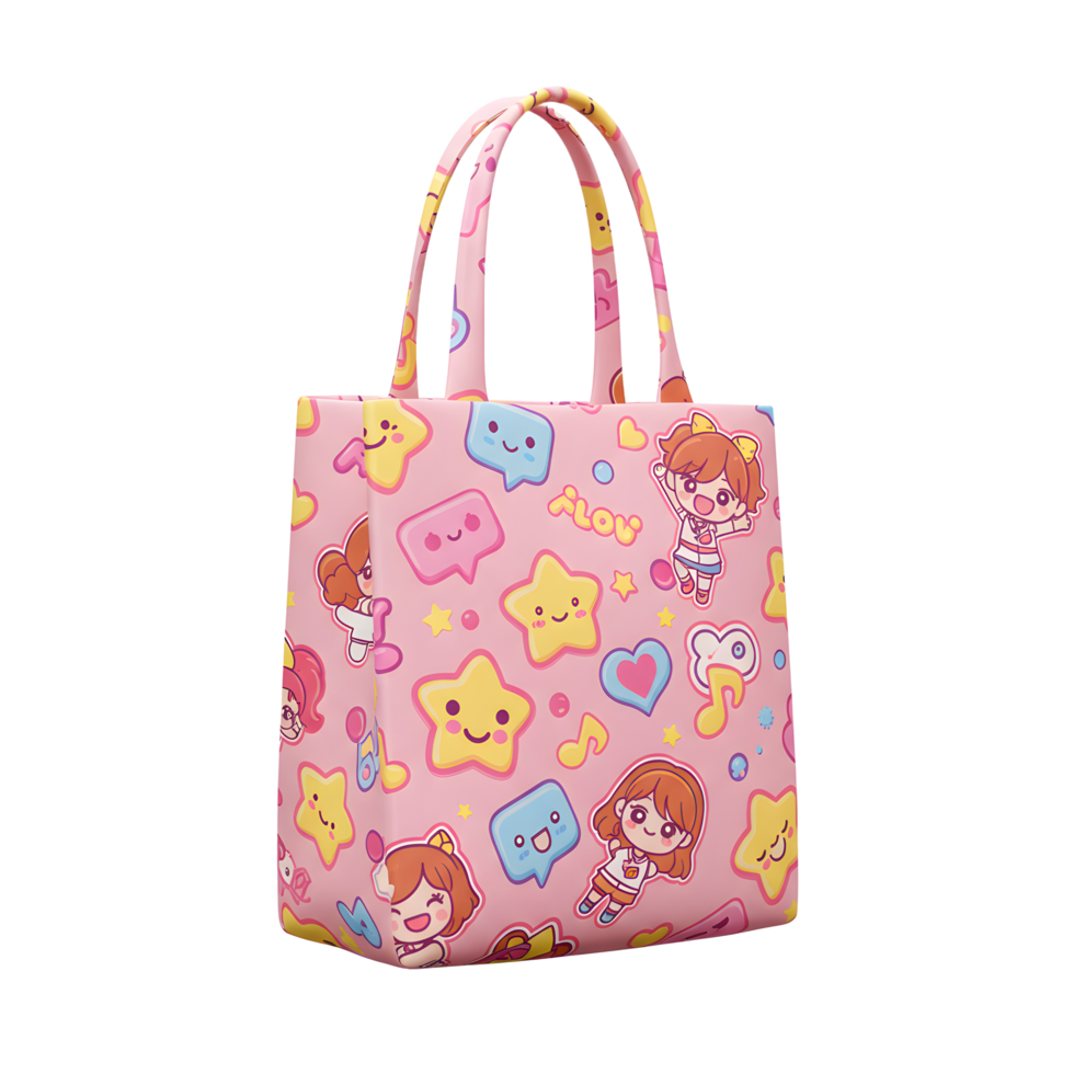 A pink tote bag is covered in cartoon characters, speech bubbles, and stars, ideal for carrying items in a fun and whimsical way. png
