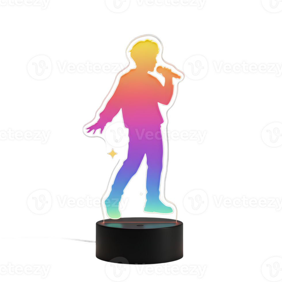A colorful LED lamp in the silhouette of a person singing into a microphone adds a touch of fun to any room decor. png