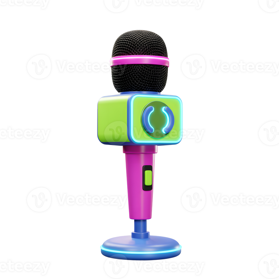 A vibrant microphone with green, pink and blue accents sits on a white background, perfect for broadcasting, recording, and other audio related tasks. png
