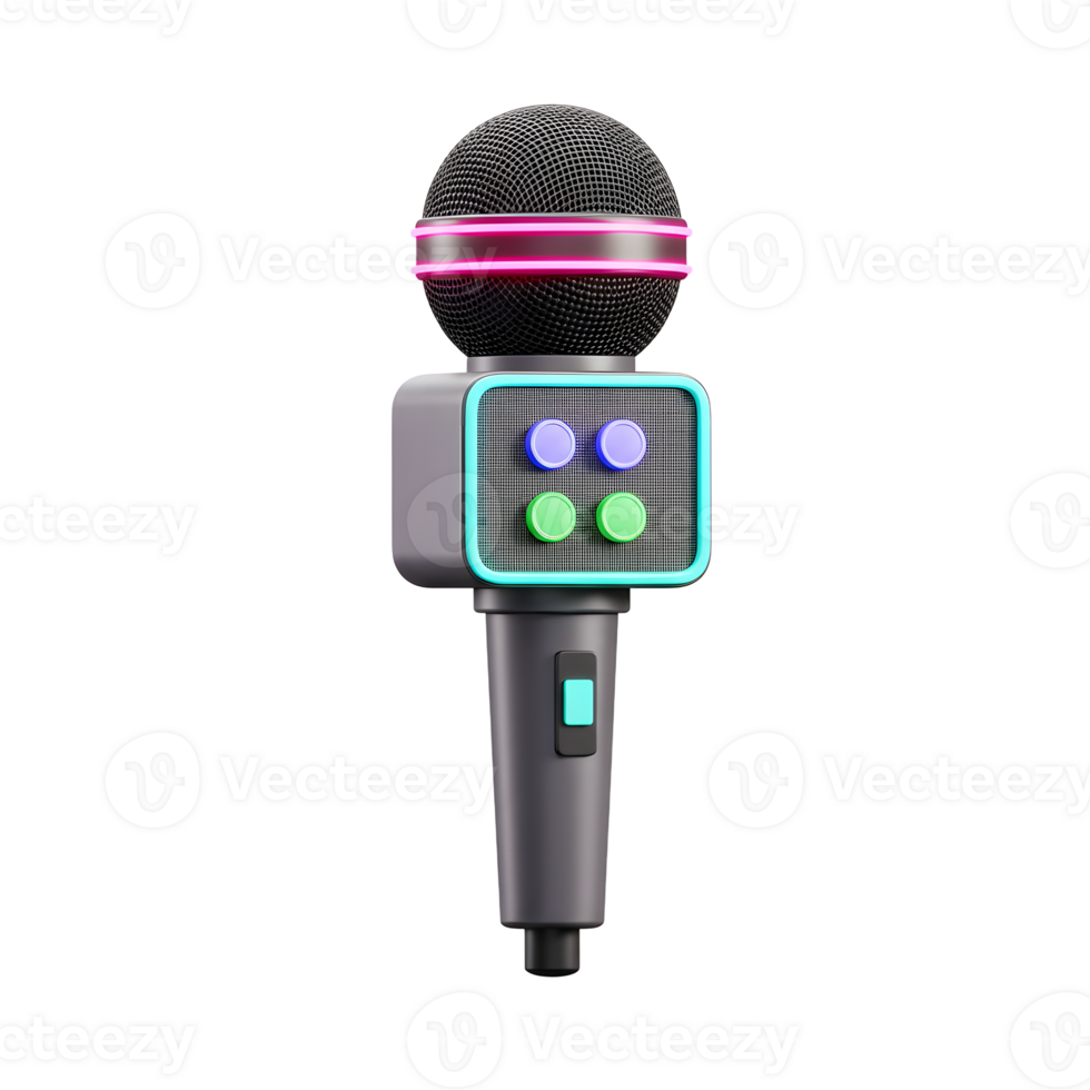 Isolated microphone with neon lights and buttons stands on a white background, suitable for karaoke, music, or entertainment purposes. png