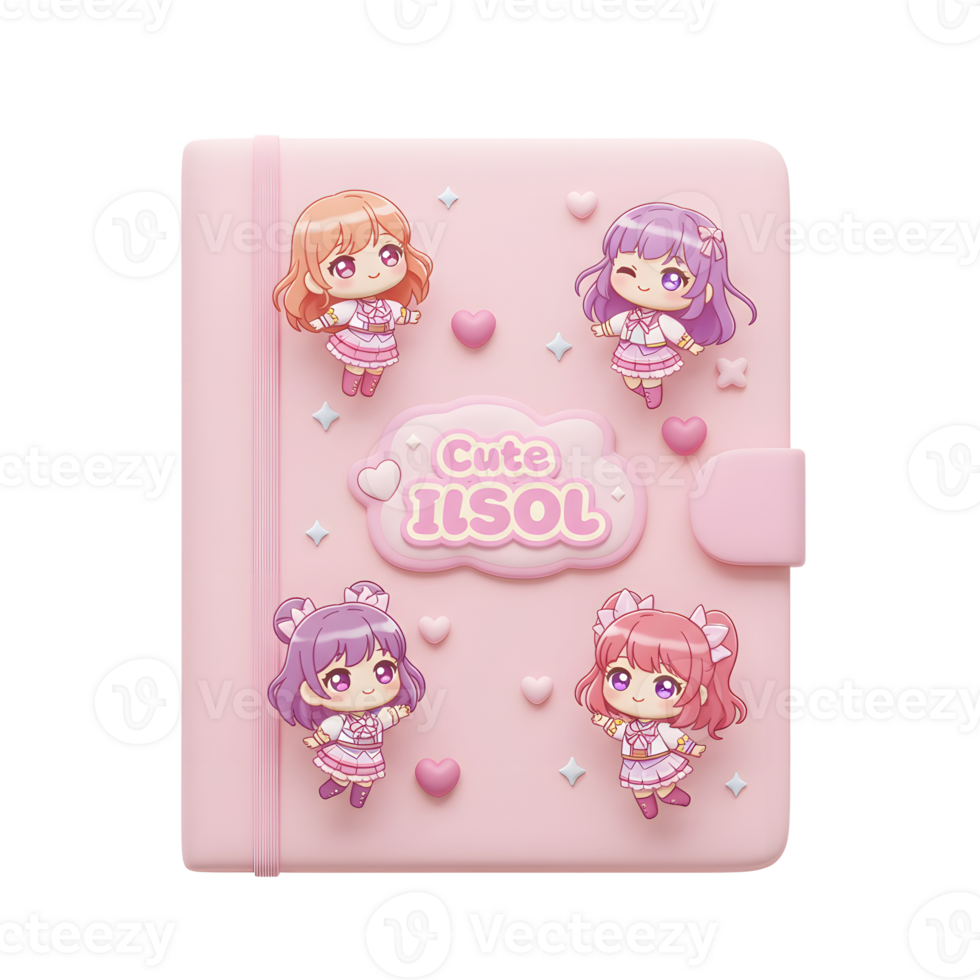 Pink notebook is decorated with anime characters, hearts, and stars and can be used for school, journaling, or creative projects. png