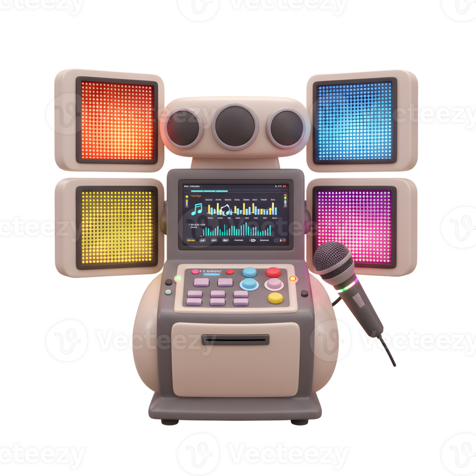 A fun karaoke machine with a microphone and several square lights displays provides musical entertainment for singing along. png