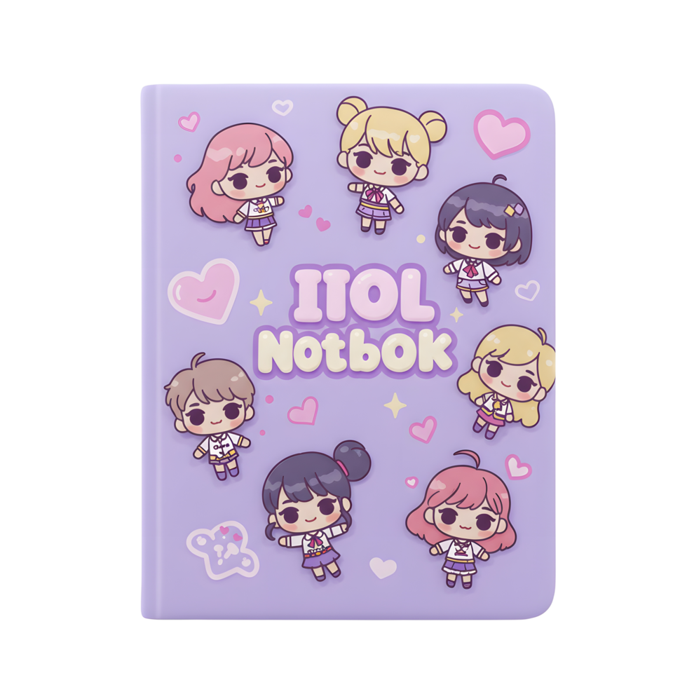 A purple notebook featuring various cute anime characters and heart designs for taking notes or journaling. png
