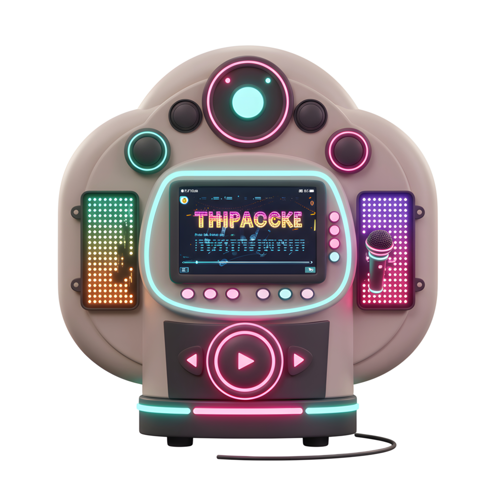 A karaoke machine with a screen, microphone, and colorful lights creates a fun atmosphere for singing entertainment. png