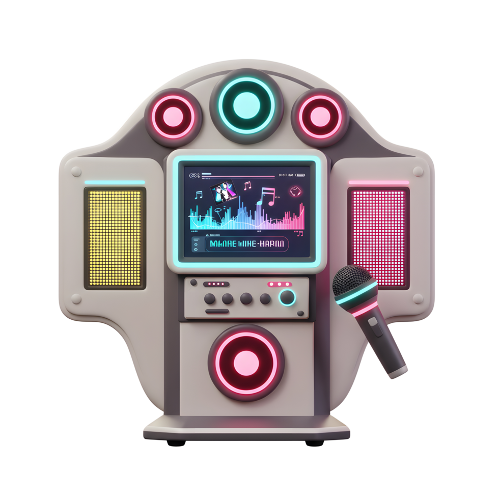 A karaoke machine with a microphone displays a song and sound waves, making it perfect for music entertainment. png