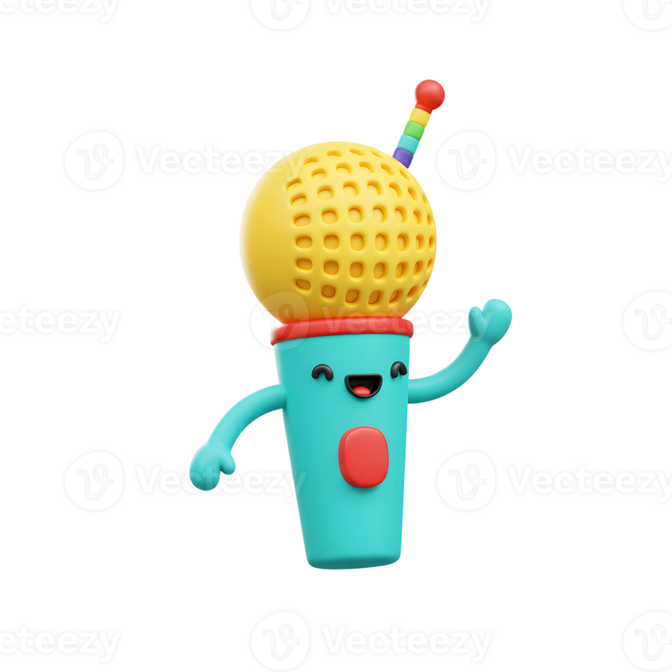 A friendly cartoon microphone with a smiling face and waving hand stands out against a white background, making it suitable for children's content or cheerful designs. png
