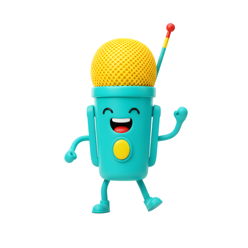 A cartoon microphone character with a smiling face celebrates with its arm raised, suitable for illustrating a cheerful audio recording or broadcast concept. png