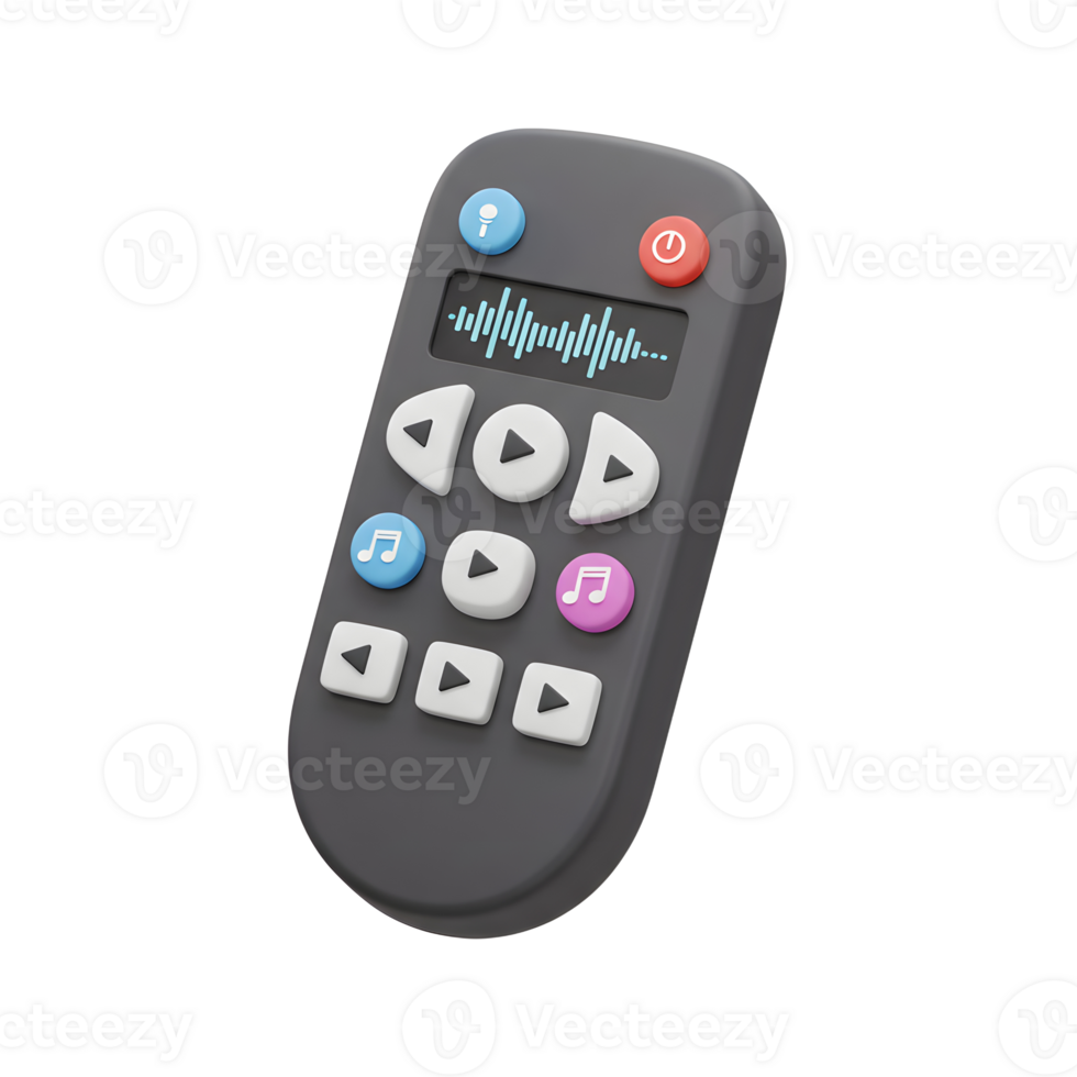A gray remote control is displayed with colorful buttons and a signal screen, often used for home entertainment systems. png