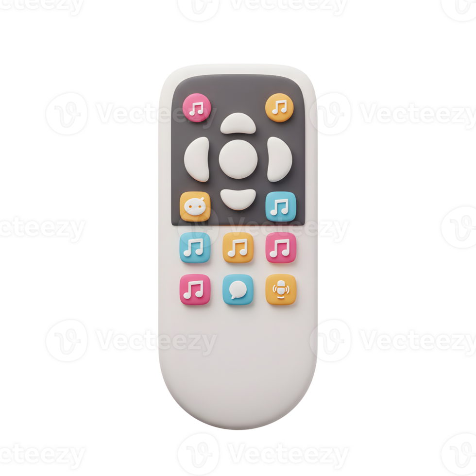 A white cartoon remote control features colorful music note and application icons, suggesting entertainment system management. png
