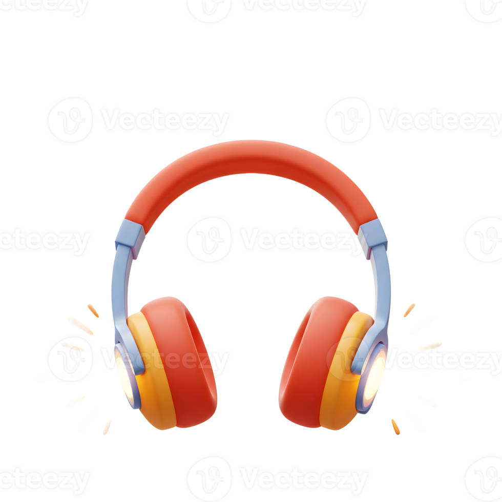 A cartoon orange headphone with blue and yellow accents is depicted with a bright highlight, representing a device used for listening to audio. png