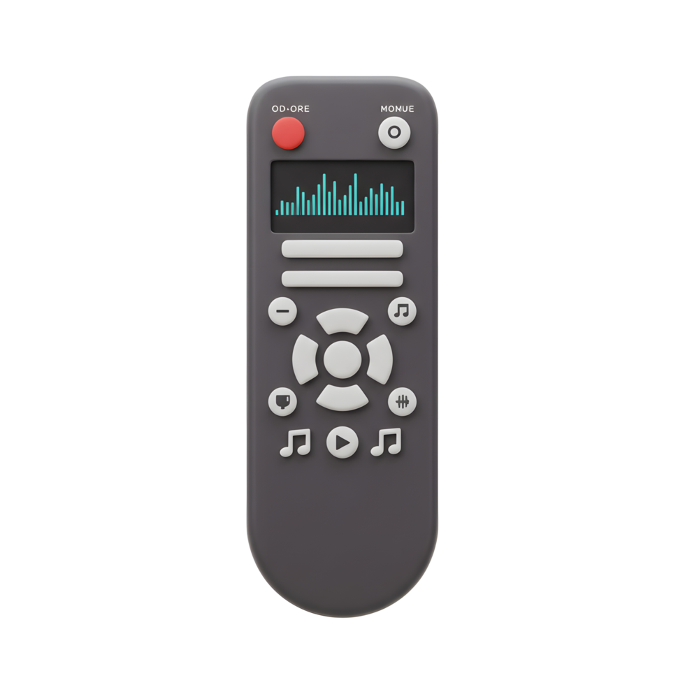 A gray remote control features several buttons, a display screen and musical notes, and can be used to navigate media. png