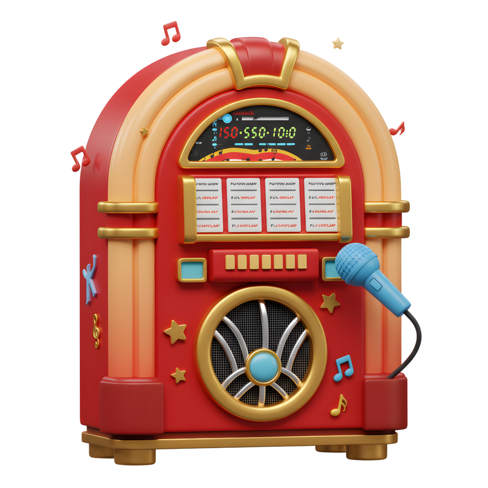 A red and gold vintage jukebox is paired with a blue microphone, showcasing a classic music experience, ideal for entertainment or decor. png