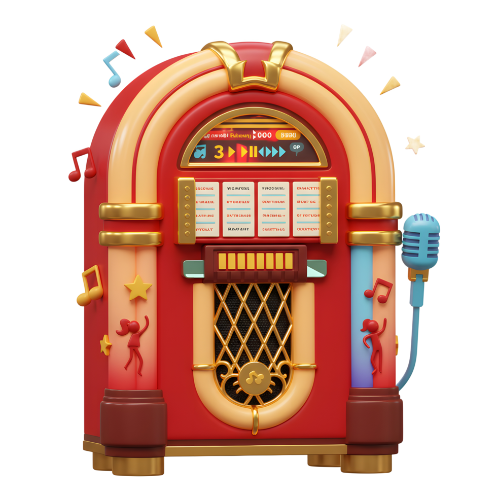 A red vintage jukebox with a microphone and musical notes creates a retro, fun atmosphere, perfect for entertainment and decoration. png