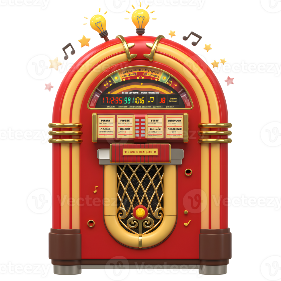 A red and yellow jukebox is displayed with glowing lightbulbs and floating music notes and stars, perfect for retro-themed designs and parties. png