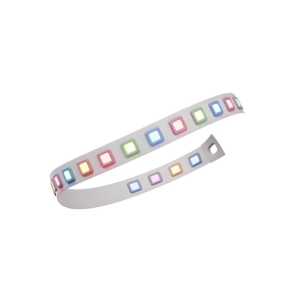 A flexible LED strip light features small, evenly spaced squares emitting a range of colors, designed for accent lighting. png