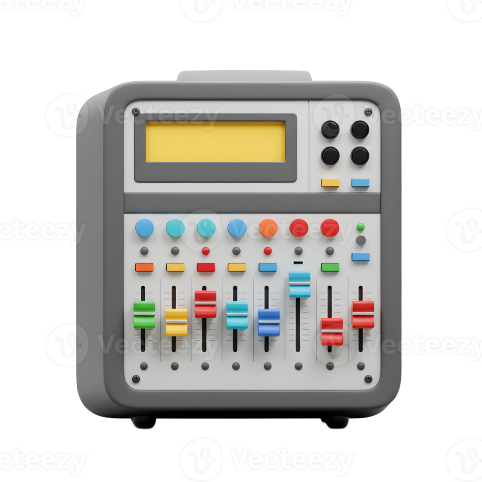 This colorful audio mixer features faders, knobs, and a display screen, ideal for sound engineering and music production. png
