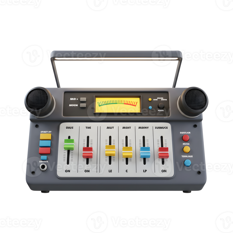 A gray sound mixer with built-in speakers and various colored sliders is showcased in a studio setting, ideal for audio mixing tasks. png