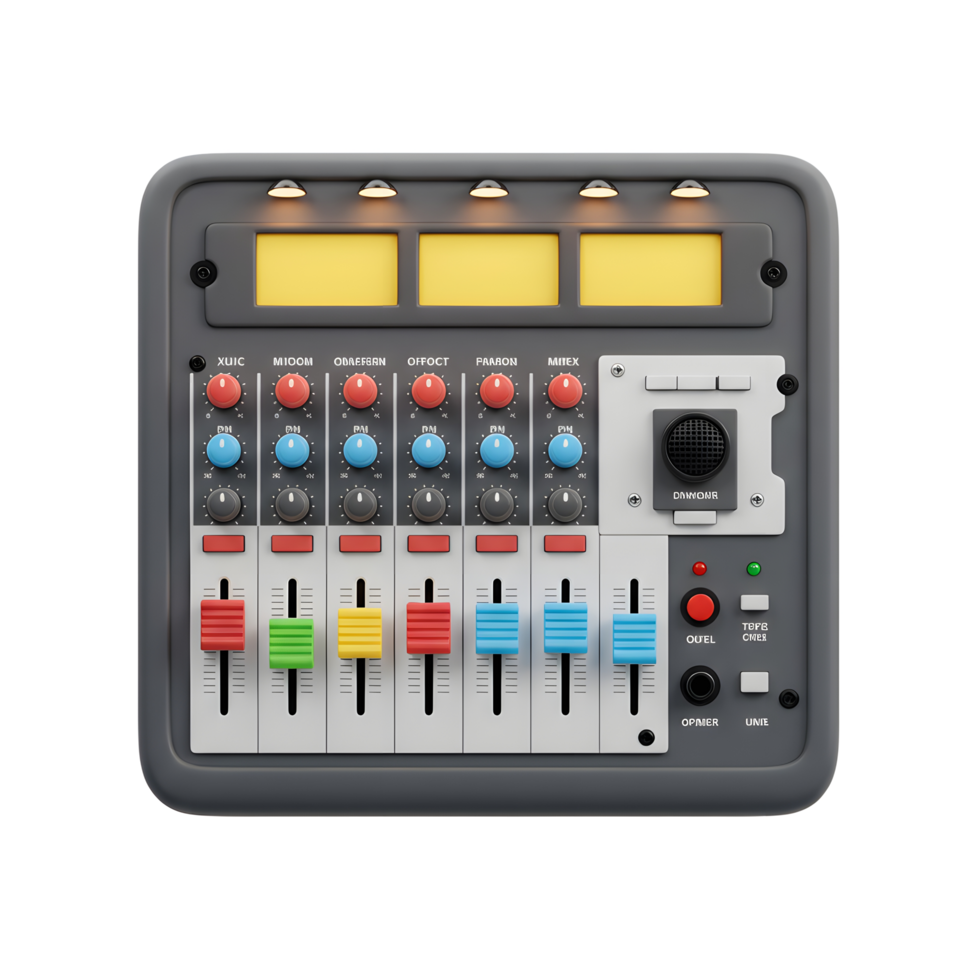 This sound mixer with colorful knobs and sliders can be used to record audio professionally. png