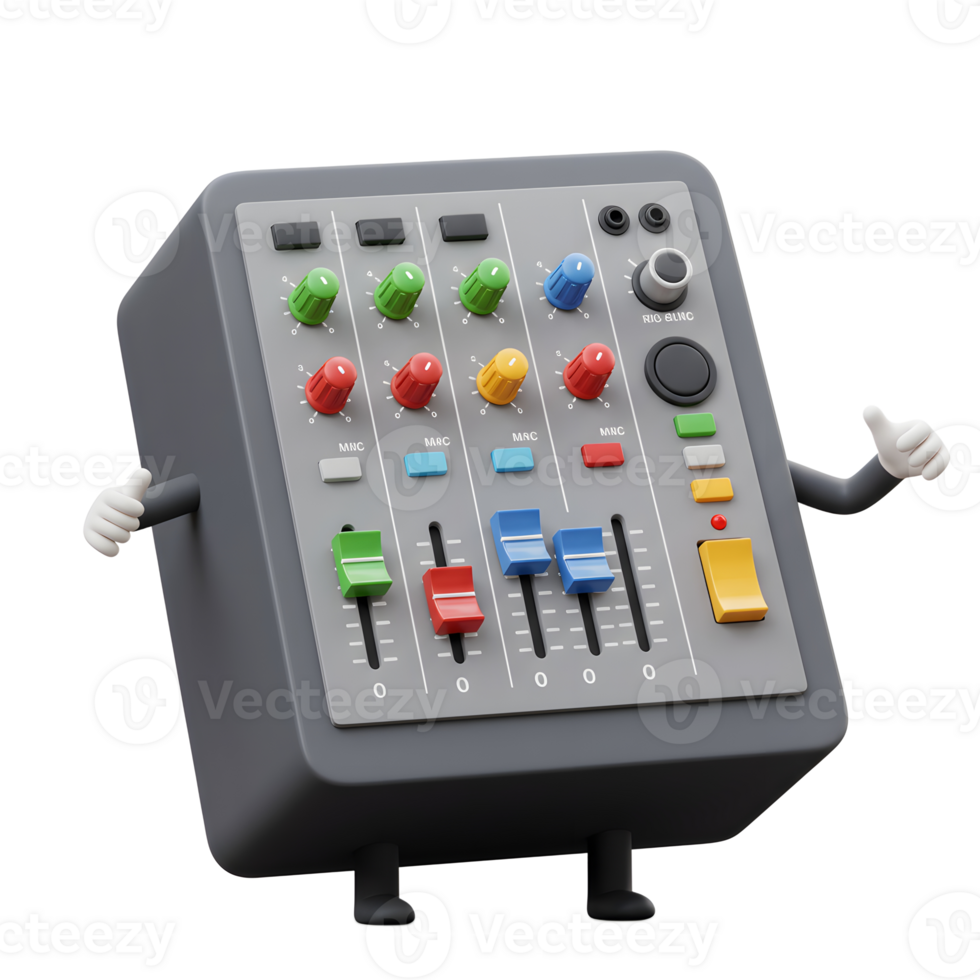 A cartoon audio mixer gives a thumbs up while standing on feet, indicating a positive or successful outcome in sound production or audio engineering. png