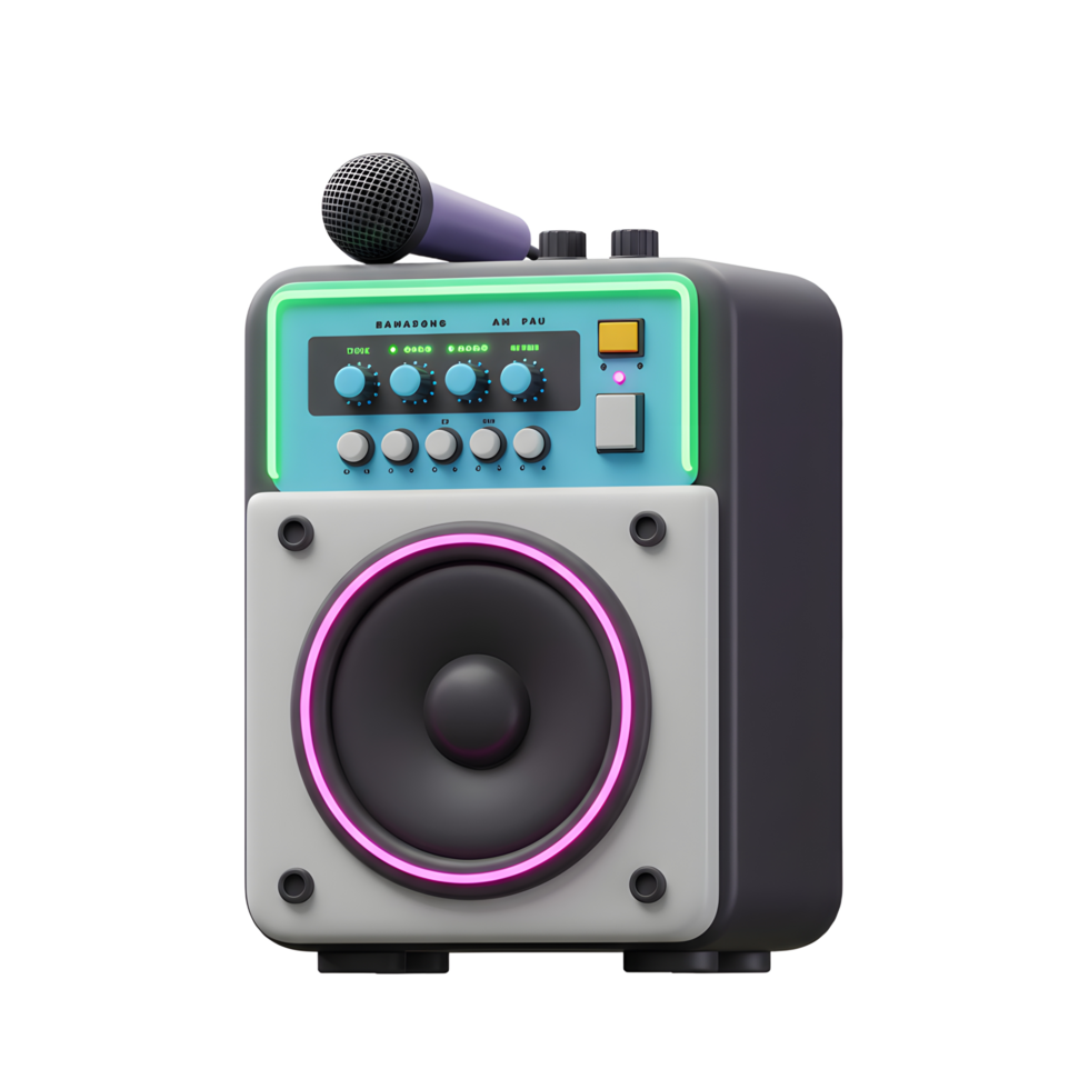 This vibrant speaker features a built-in microphone, control knobs, and neon lighting making it perfect for karaoke or public address systems. png